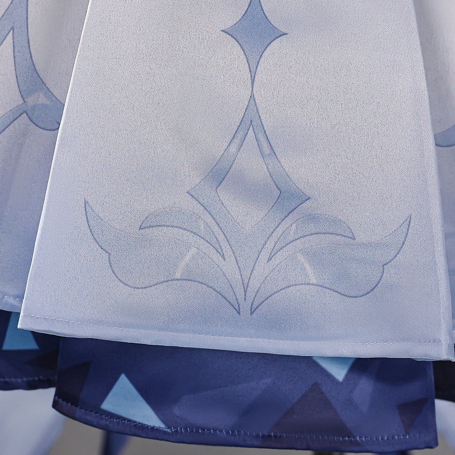 Genshin Impact Snezhnaya Odette cosplay skirt panel drops pale printed fabric above a dark blue hem.