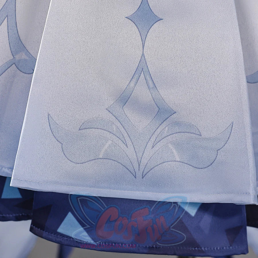 Genshin Impact Snezhnaya Odette cosplay skirt panel drops pale printed fabric above a dark blue hem.