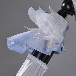 Genshin Impact Snezhnaya Odette cosplay arm ornament layers translucent petal cuffs above a pale sleeve.