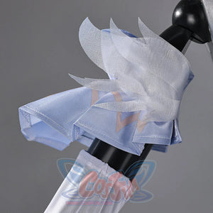 Genshin Impact Snezhnaya Odette cosplay arm ornament layers translucent petal cuffs above a pale sleeve.