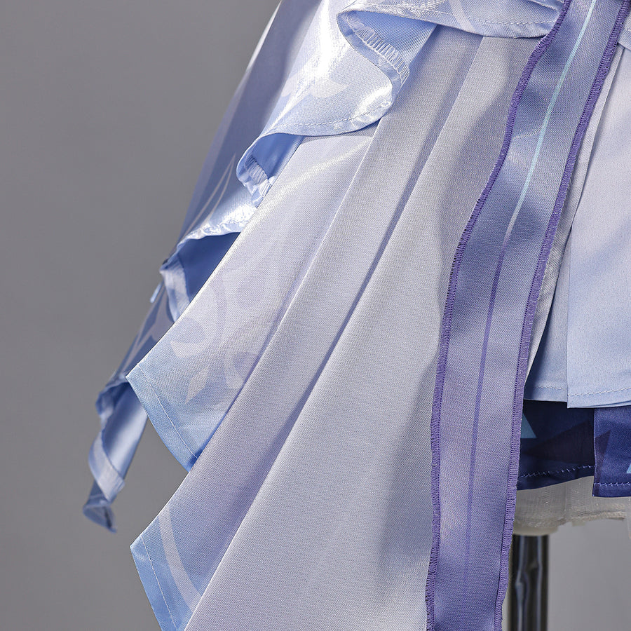 Genshin Impact Snezhnaya Odette cosplay layered skirt side view stacks translucent panels over pale satin folds.