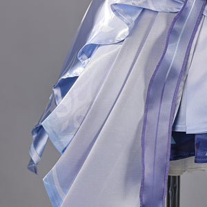 Genshin Impact Snezhnaya Odette cosplay layered skirt side view stacks translucent panels over pale satin folds.