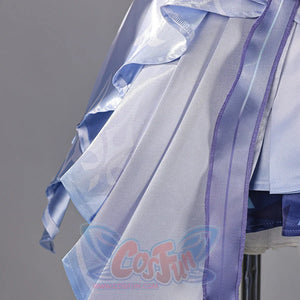 Genshin Impact Snezhnaya Odette cosplay layered skirt side view stacks translucent panels over pale satin folds.