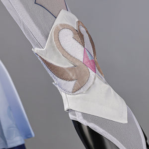 Genshin Impact Snezhnaya Odette cosplay wrist cuff detail frames a pink inset on a layered white arm piece.