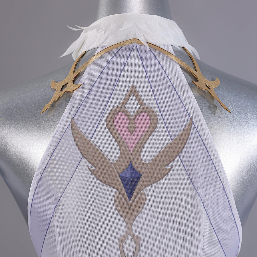 Genshin Impact Snezhnaya Odette cosplay back collar detail sets white feather-like layers above a pink motif.