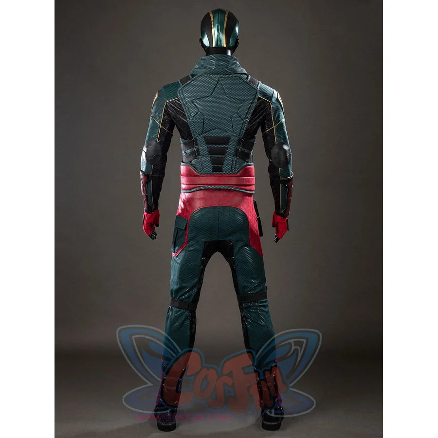The Boys Soldier Boy cosplay costume back view layers a green back vest over burgundy waist armor.