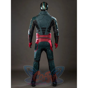 The Boys Soldier Boy cosplay costume back view layers a green back vest over burgundy waist armor.