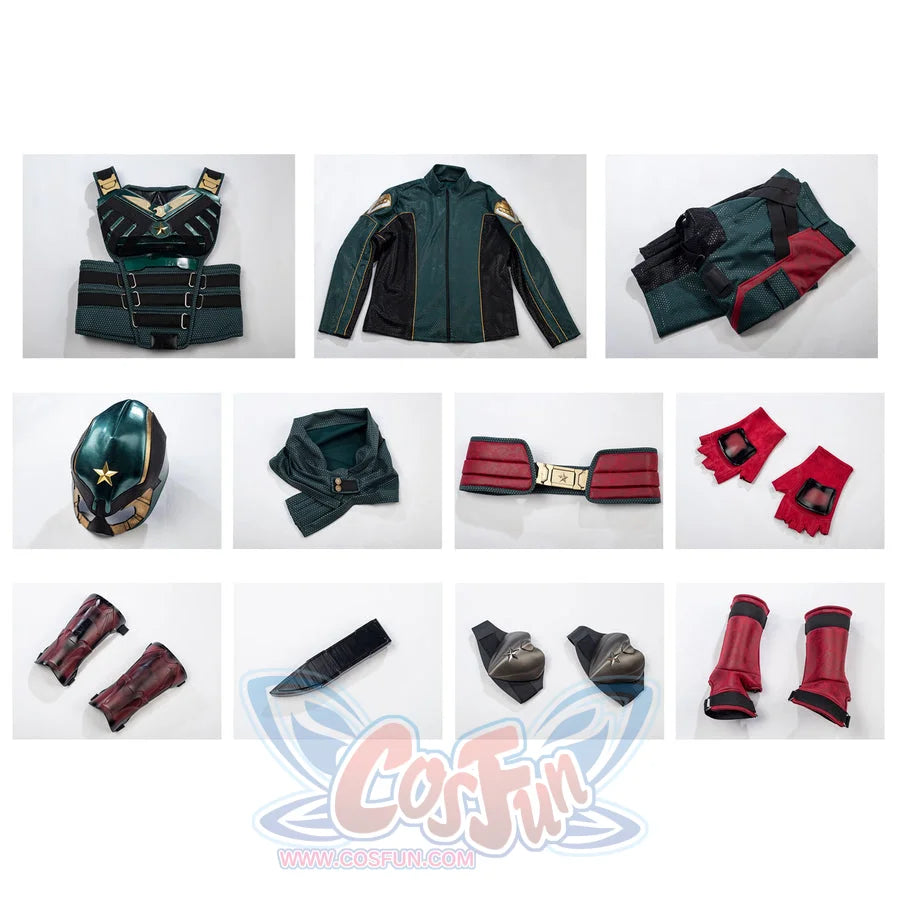 The Boys Soldier Boy cosplay costume set layout gathers armor pieces around the helmet plus gloves and shoe covers.