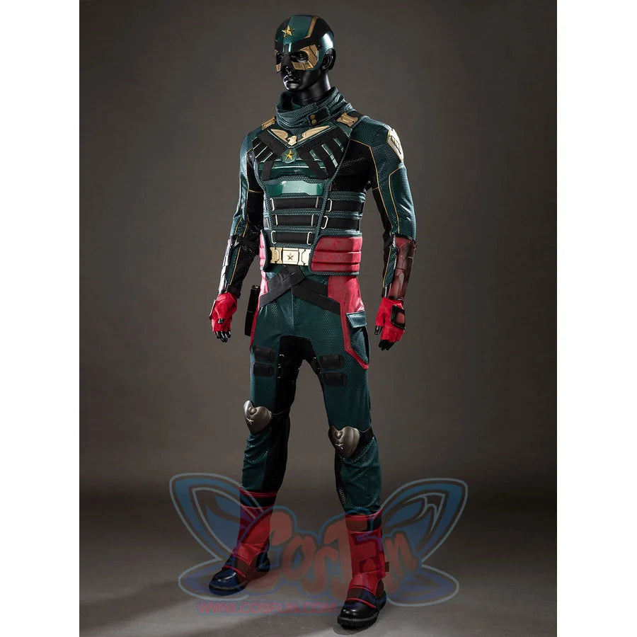 The Boys Soldier Boy cosplay costume turns to a side angle, pairing green armor with red gloves and shoe covers.