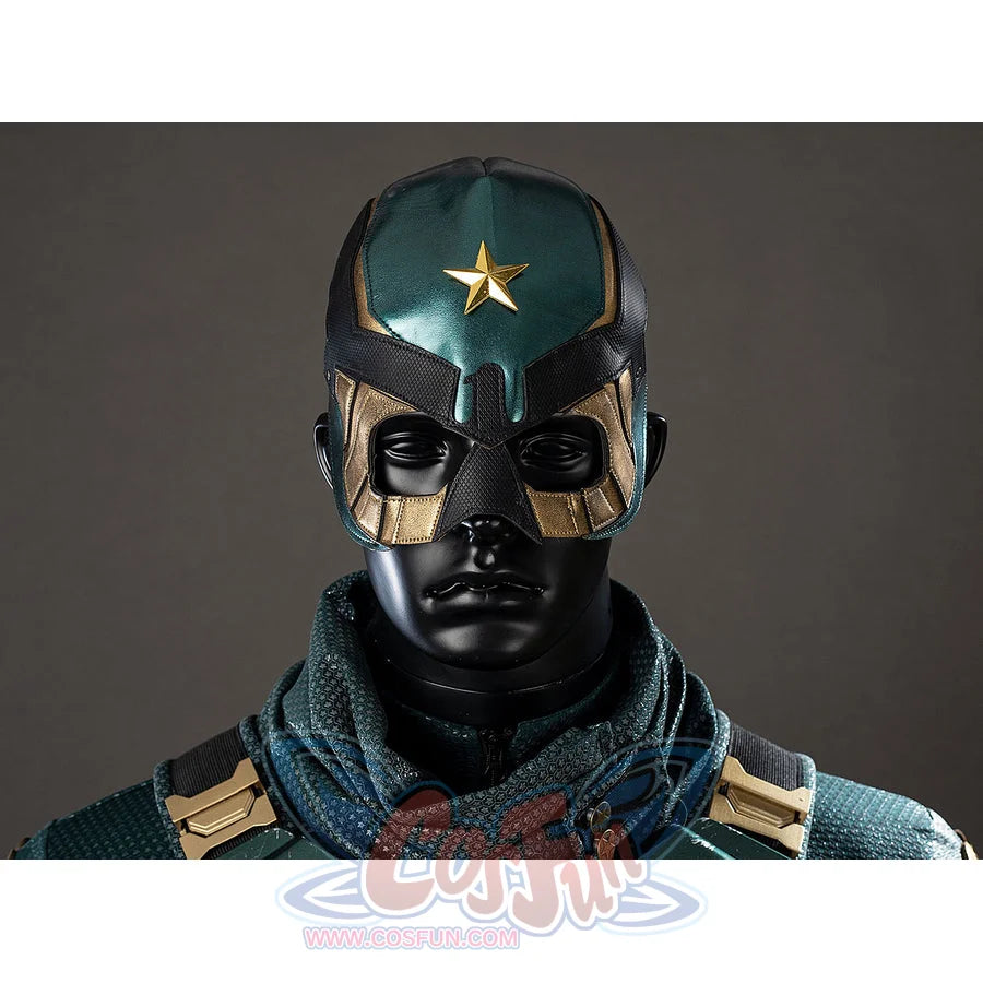The Boys Soldier Boy cosplay helmet close-up sets a star crest over black eye plates and a dark scarf.