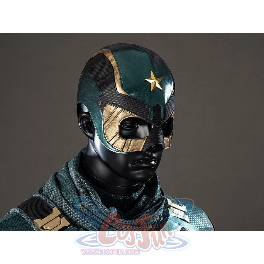 The Boys Soldier Boy cosplay helmet side view frames the star crest above black eye plates and a green scarf.