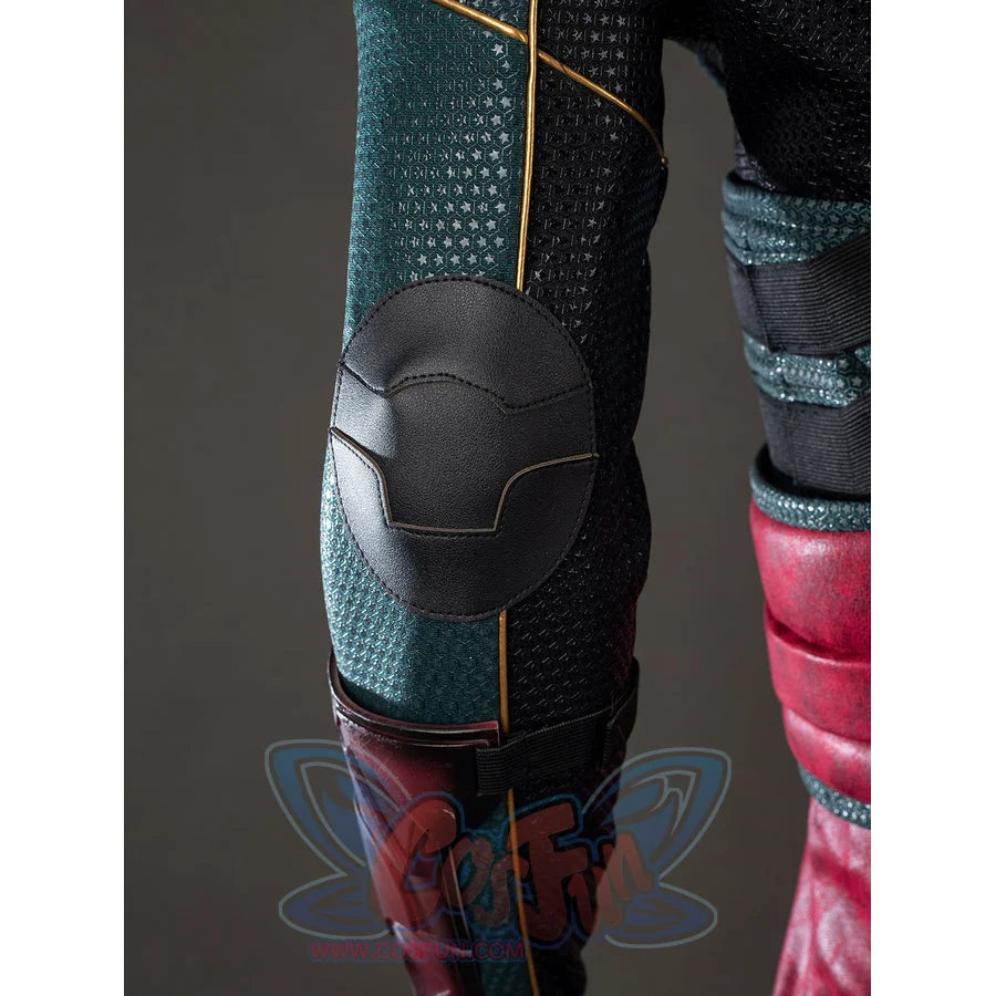The Boys Soldier Boy cosplay knee pad detail anchors dark molded armor over green and black pants.