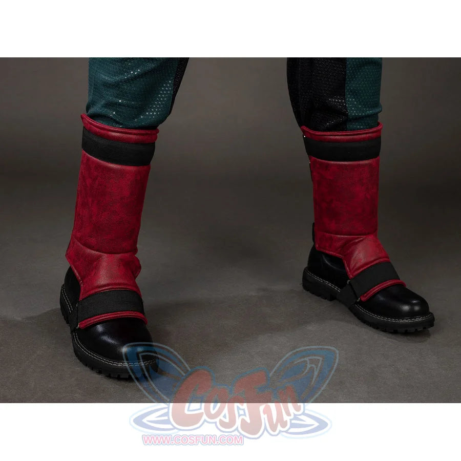 The Boys Soldier Boy cosplay shoe covers wrap burgundy panels over black footwear for the costume.