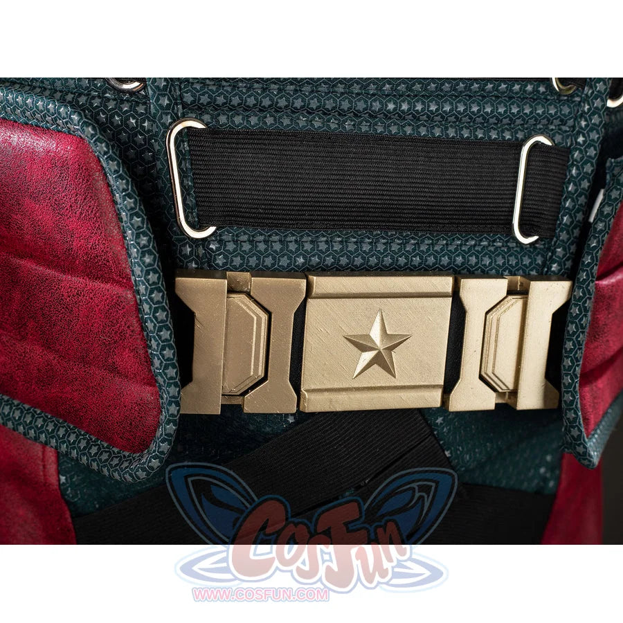 The Boys Soldier Boy cosplay belt close-up centers a gold-tone star buckle between burgundy waist panels.