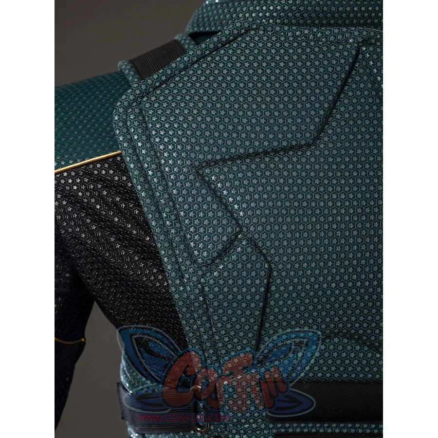 The Boys Soldier Boy cosplay back vest detail frames raised green armor seams near black side panels.