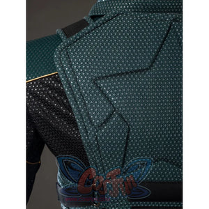 The Boys Soldier Boy cosplay back vest detail frames raised green armor seams near black side panels.