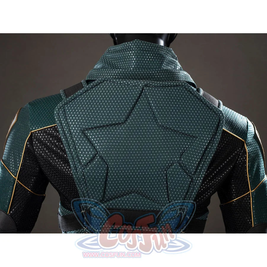 The Boys Soldier Boy cosplay back vest forms raised armor lines over black sleeves and green fabric.