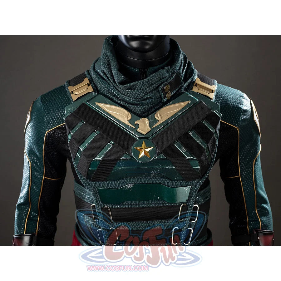 The Boys Soldier Boy cosplay chest vest layers green armor plates over black panels beneath the scarf.