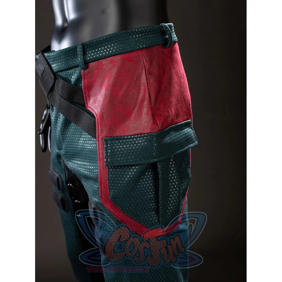 The Boys Soldier Boy cosplay knife holder side detail layers burgundy faux leather over green fabric.