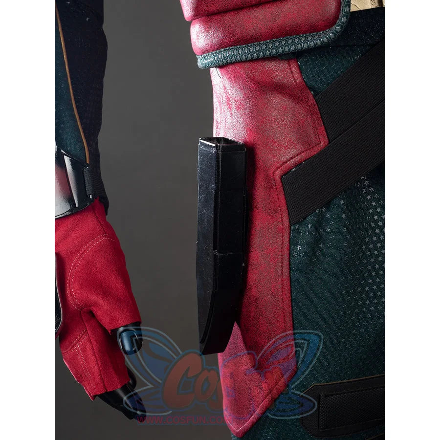 The Boys Soldier Boy cosplay knife holder hangs beside a red glove and burgundy waist panel.