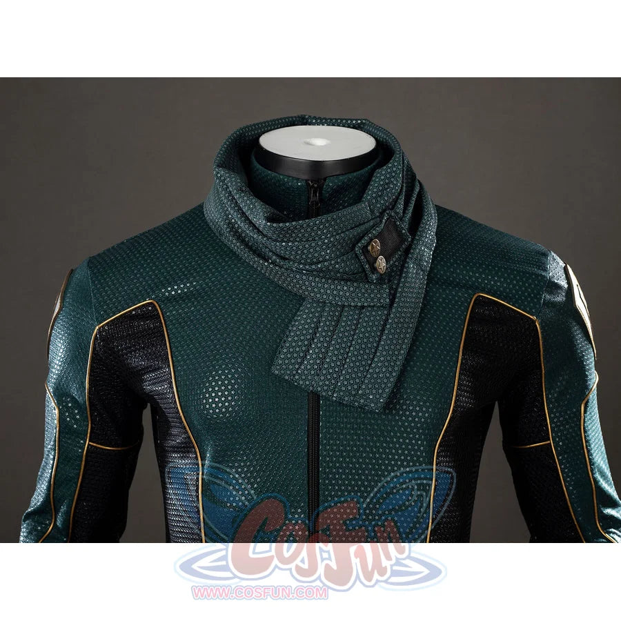 The Boys Soldier Boy cosplay scarf and top front detail layers textured green fabric with gold-tone piping.