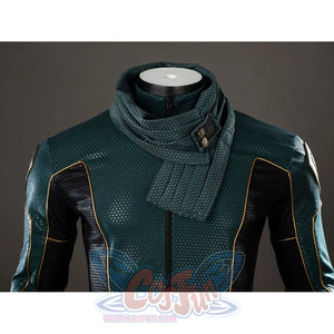 The Boys Soldier Boy cosplay scarf and top front detail layers textured green fabric with gold-tone piping.