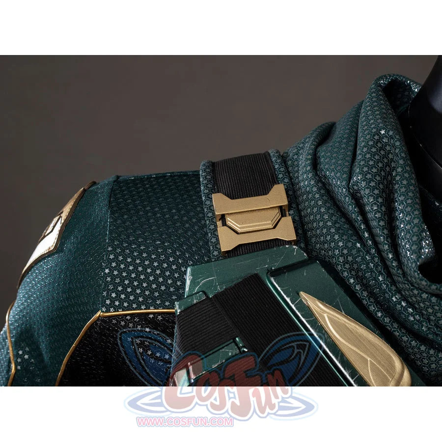The Boys Soldier Boy cosplay shoulder buckle anchors the green vest strap beside gold-tone armor trim.