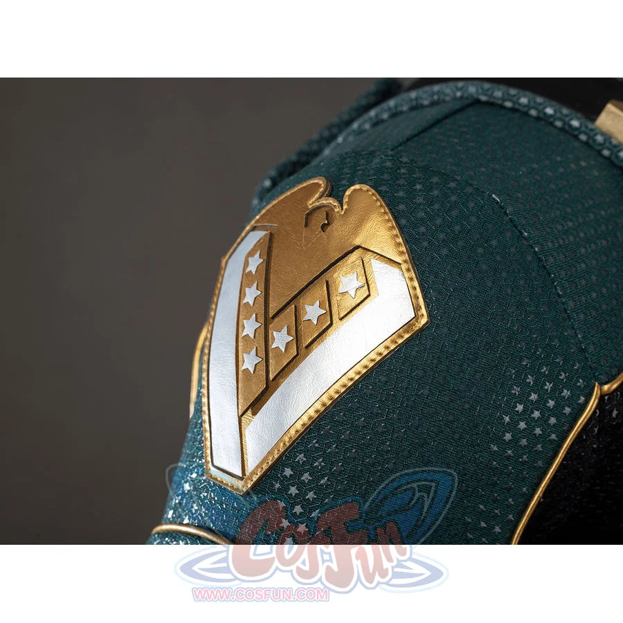 The Boys Soldier Boy cosplay shoulder patch adds a gold-tone shield emblem to textured green fabric.