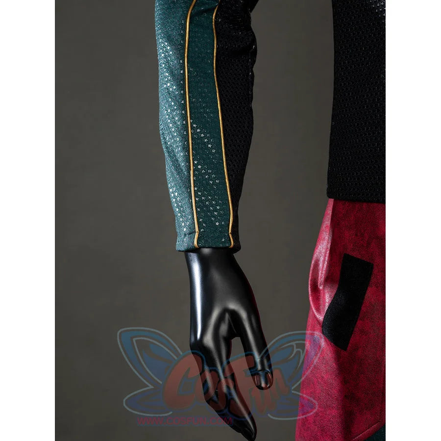 The Boys Soldier Boy cosplay sleeve trim runs gold-tone piping along green fabric beside a black glove.