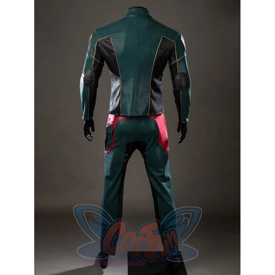 The Boys Soldier Boy cosplay top and pants back view frames black side panels with green textured fabric.