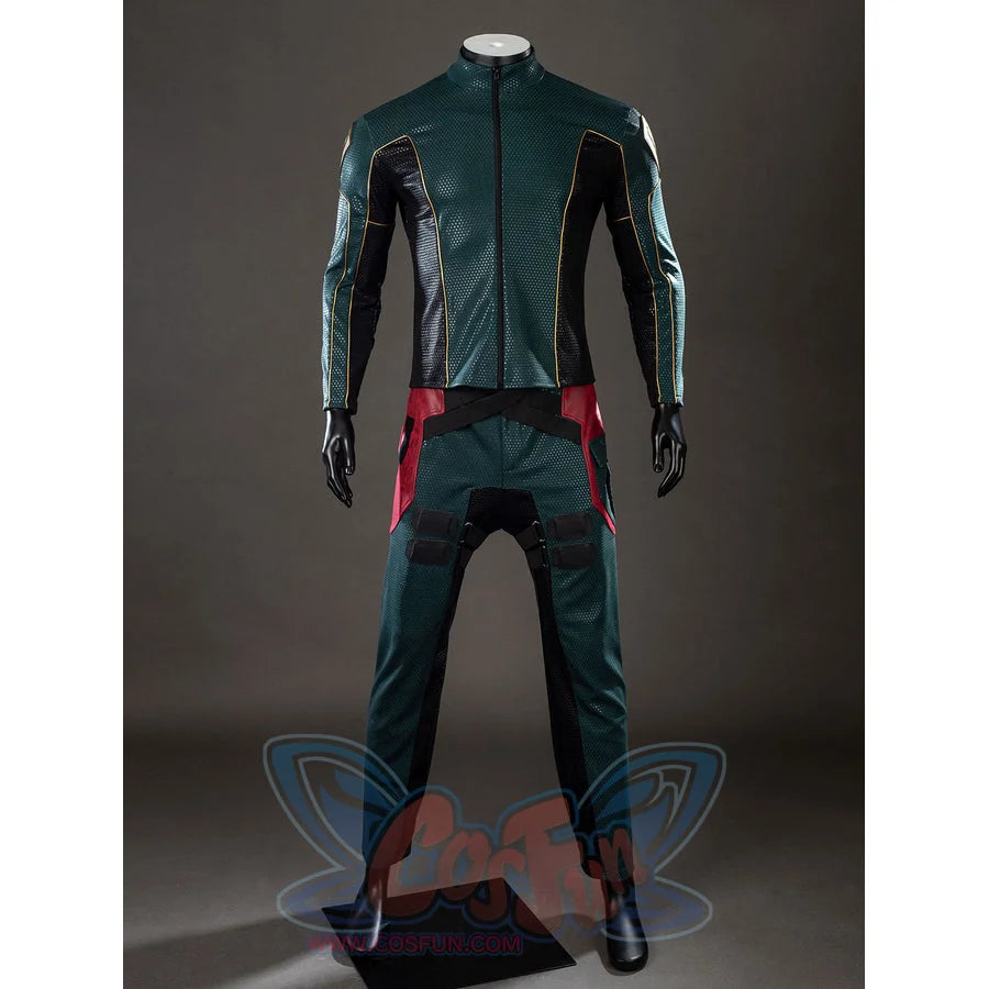 The Boys Soldier Boy cosplay top and pants front view sets gold-tone piping against dark green panels.