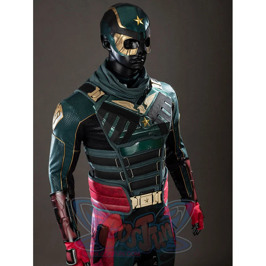 The Boys Soldier Boy cosplay costume upper body layers a helmet above a scarf and armored green vest.