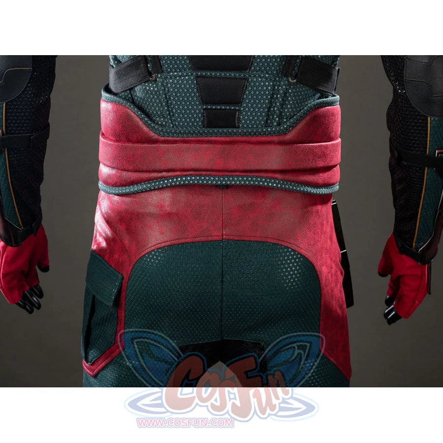 The Boys Soldier Boy cosplay waist cincher back view wraps burgundy armor across the green suit.
