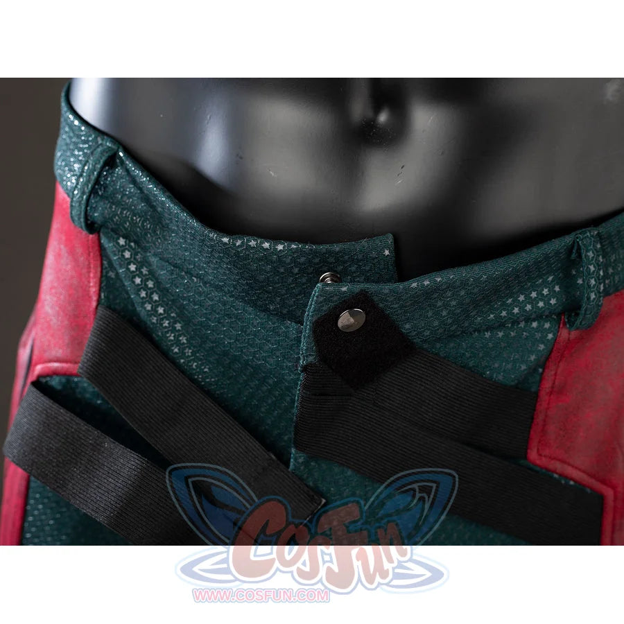 The Boys Soldier Boy cosplay waist closure detail sets black straps across burgundy and green panels.