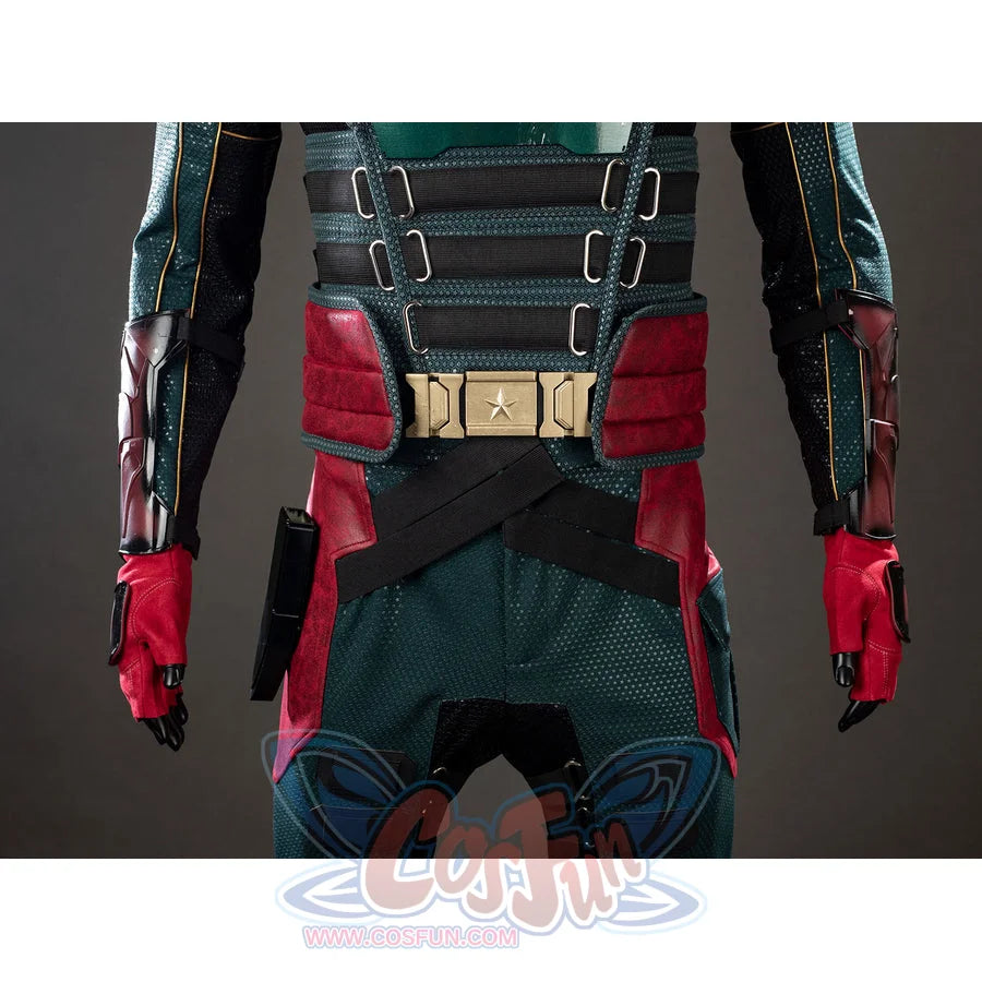 The Boys Soldier Boy cosplay waist detail sets burgundy side panels beside a star belt and red gloves.