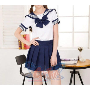 Solid Beautiful Sailor Stripe Top Pleated Skirt School Uniforms Dark Blue / S Uniform