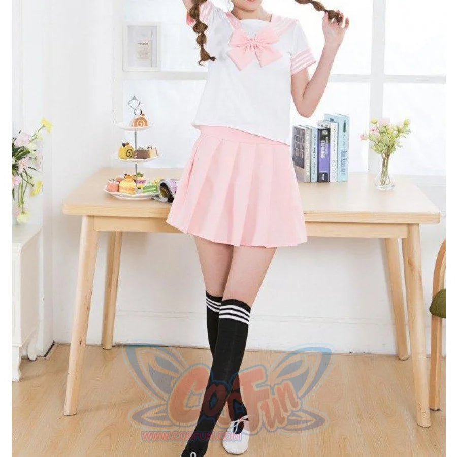 Solid Beautiful Sailor Stripe Top Pleated Skirt School Uniforms Pink / S Uniform