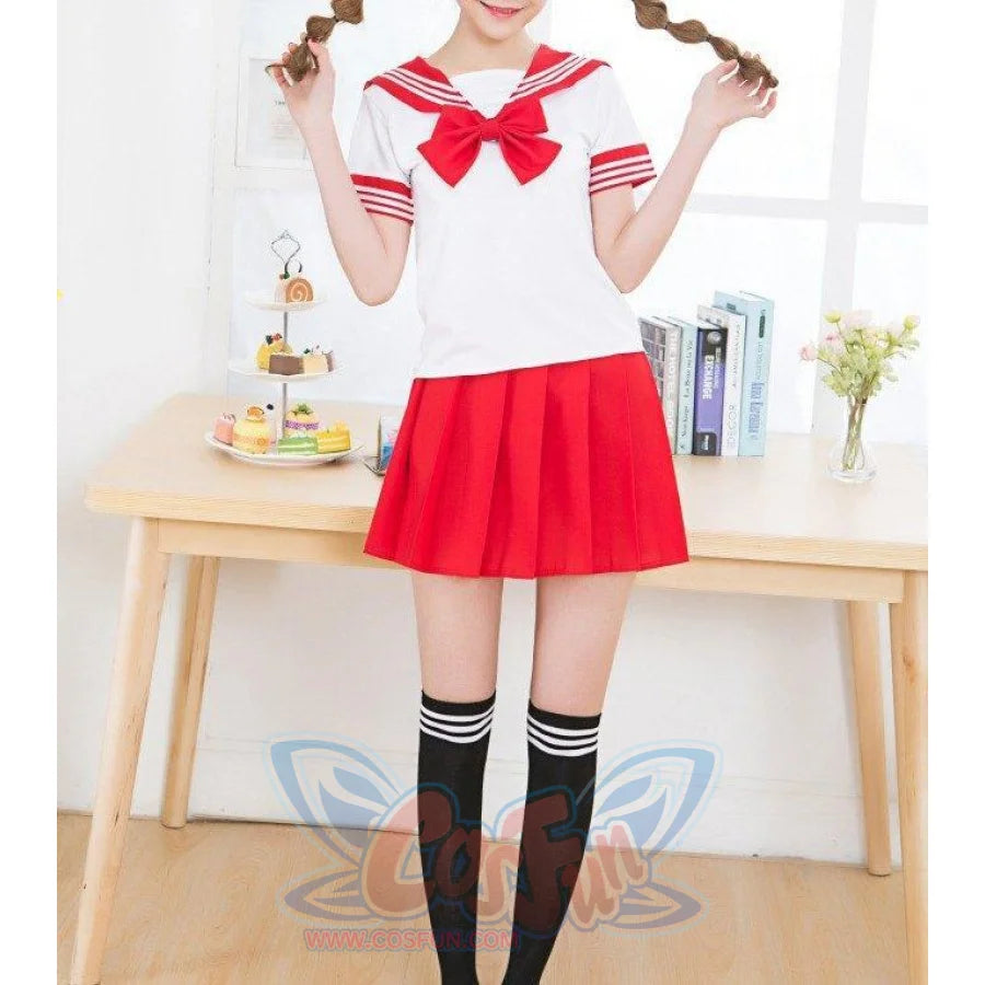 Solid Beautiful Sailor Stripe Top Pleated Skirt School Uniforms Red / S Uniform