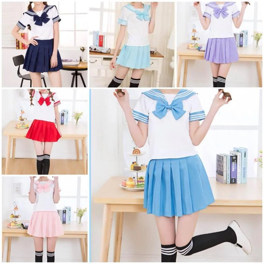 Solid Beautiful Sailor Stripe Top Pleated Skirt School Uniforms Uniform