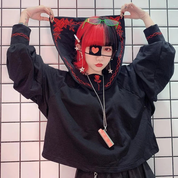 Solid Sailor Collar Persevering Rose Embroidery Sweatshirt Jumper