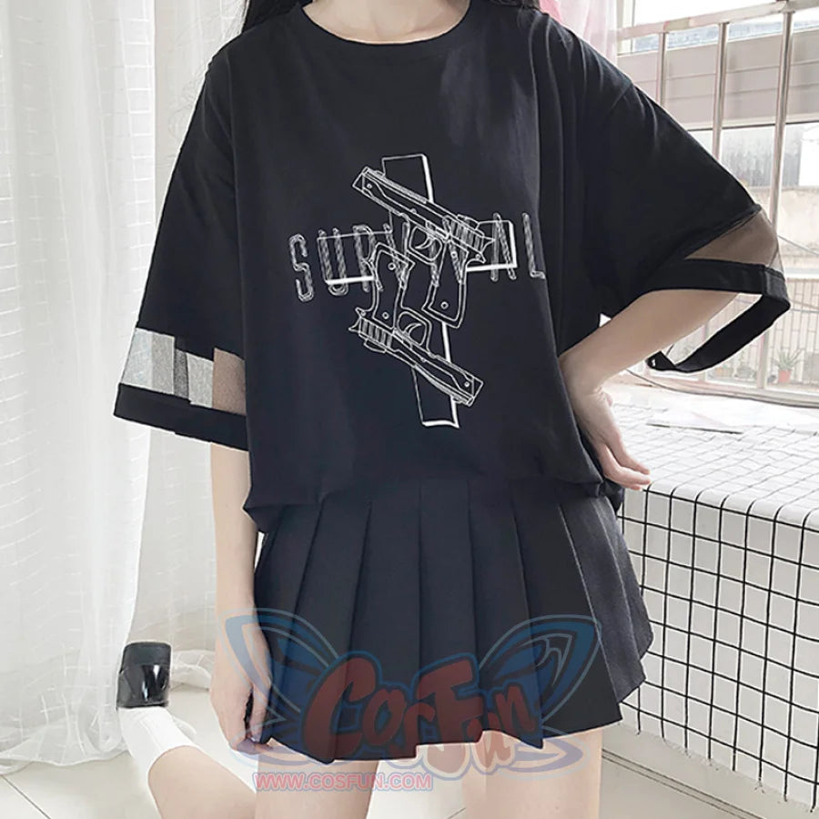 Solid Survival Gun Cross Print Mesh Oversize Dress