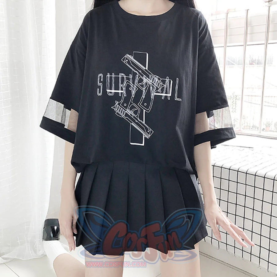 Solid Survival Gun Cross Print Mesh Oversize Dress