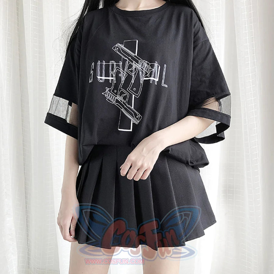 Solid Survival Gun Cross Print Mesh Oversize Dress