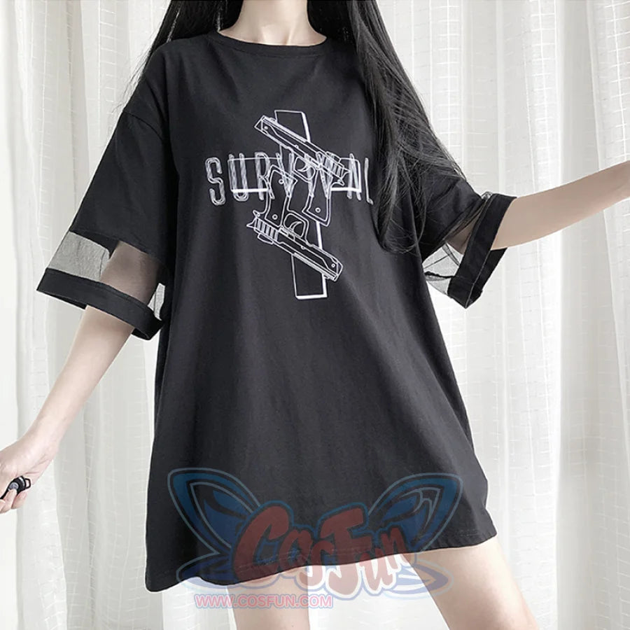 Solid Survival Gun Cross Print Mesh Oversize Dress