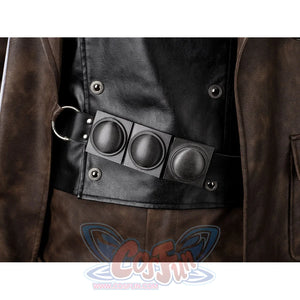 Spider-Noir Ben Reilly cosplay belt detail anchors black circular panels across the waist.