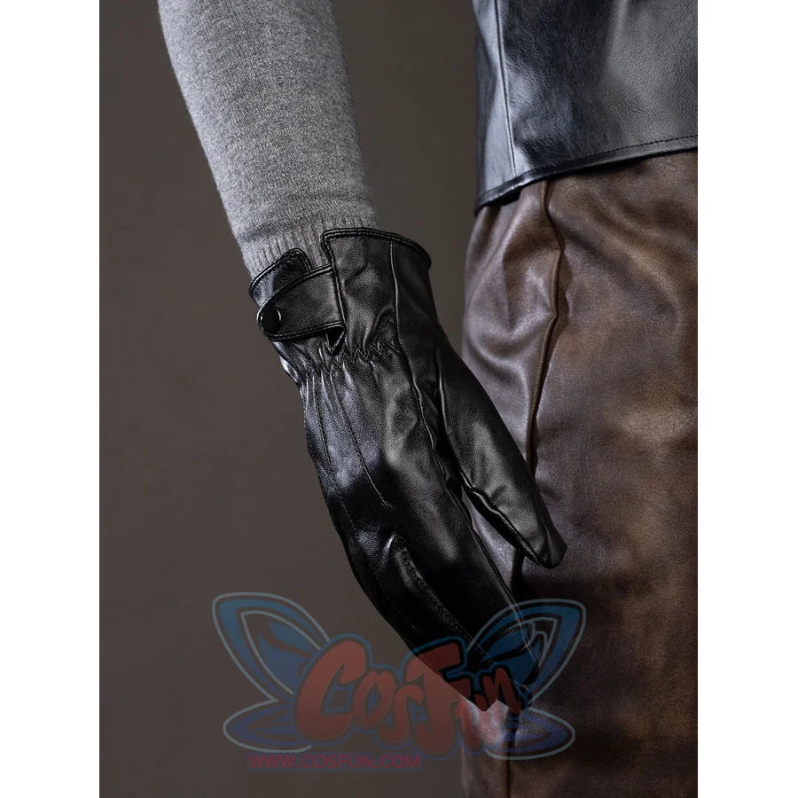 Spider-Noir Ben Reilly cosplay glove detail rests glossy black fingers beside brown trousers.