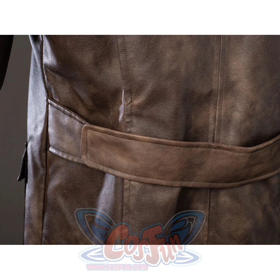 Spider-Noir Ben Reilly cosplay coat belt detail wraps across the back waist in mottled brown.