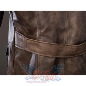 Spider-Noir Ben Reilly cosplay coat belt detail wraps across the back waist in mottled brown.