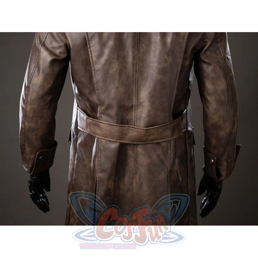 Spider-Noir Ben Reilly cosplay coat back view cinches the brown trench under a matching belt.