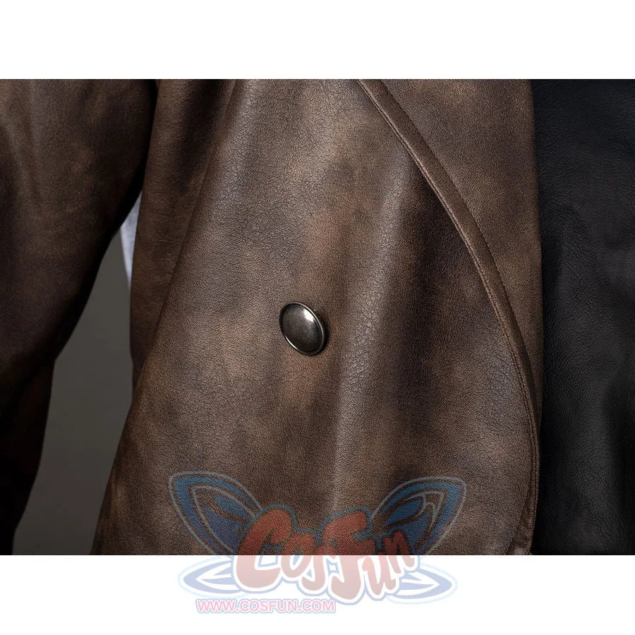 Spider-Noir Ben Reilly cosplay coat button detail centers a dark snap over mottled brown panels.